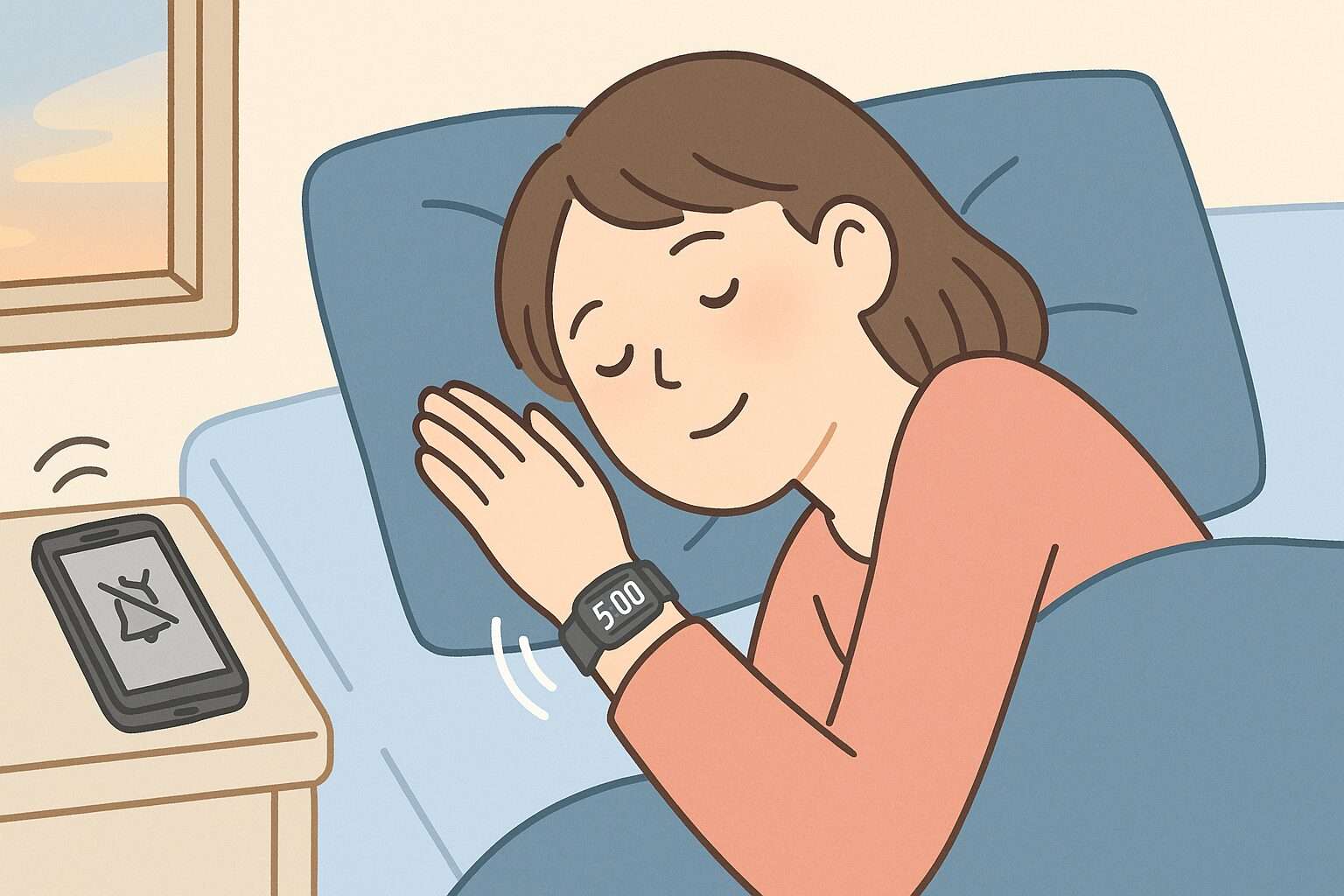 スマートウォッチのアラームで静かに目覚める育児中のママ