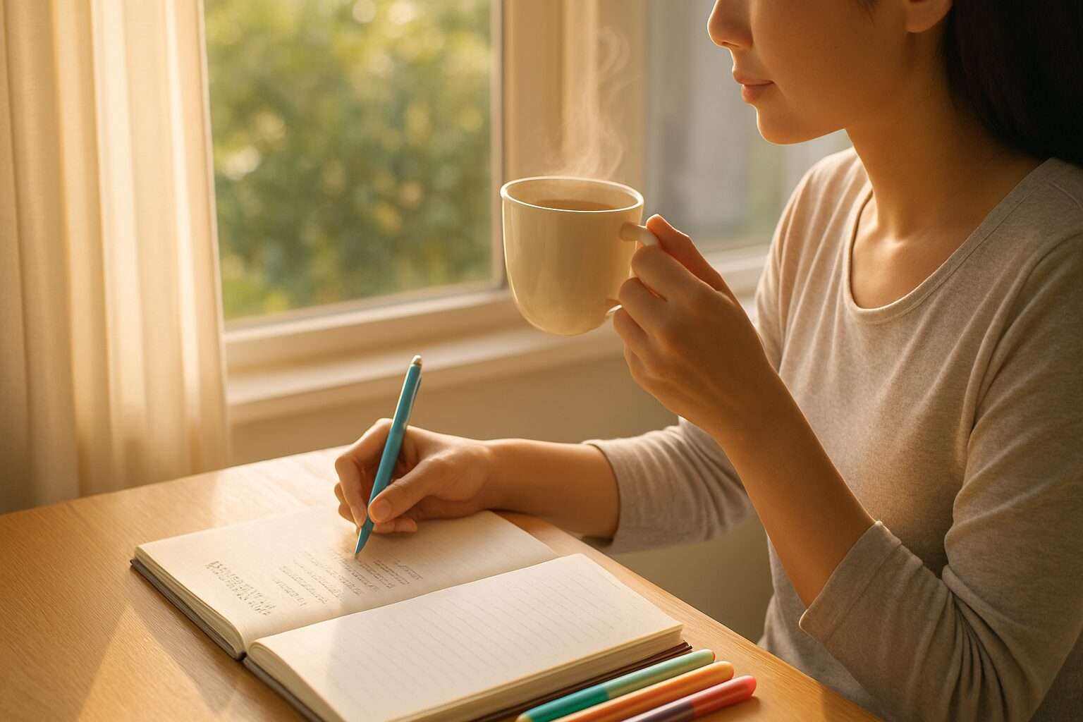 白湯とサジーを手に朝を過ごす女性