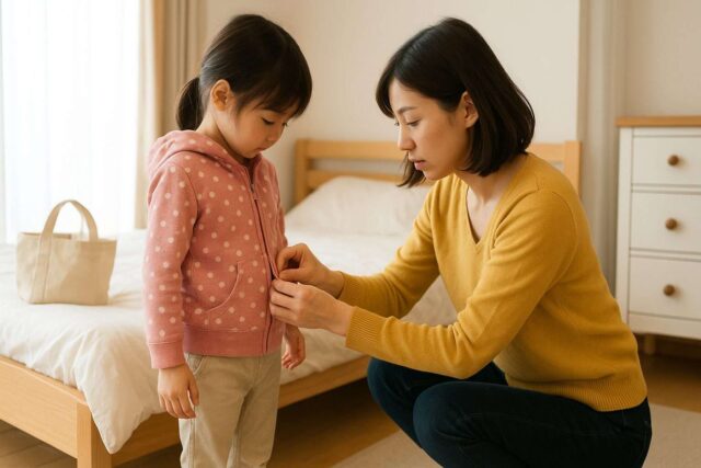 「子どもの支度を手伝うママ