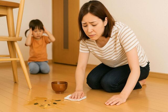 夕食時に味噌汁をこぼし、後片付けをするママ