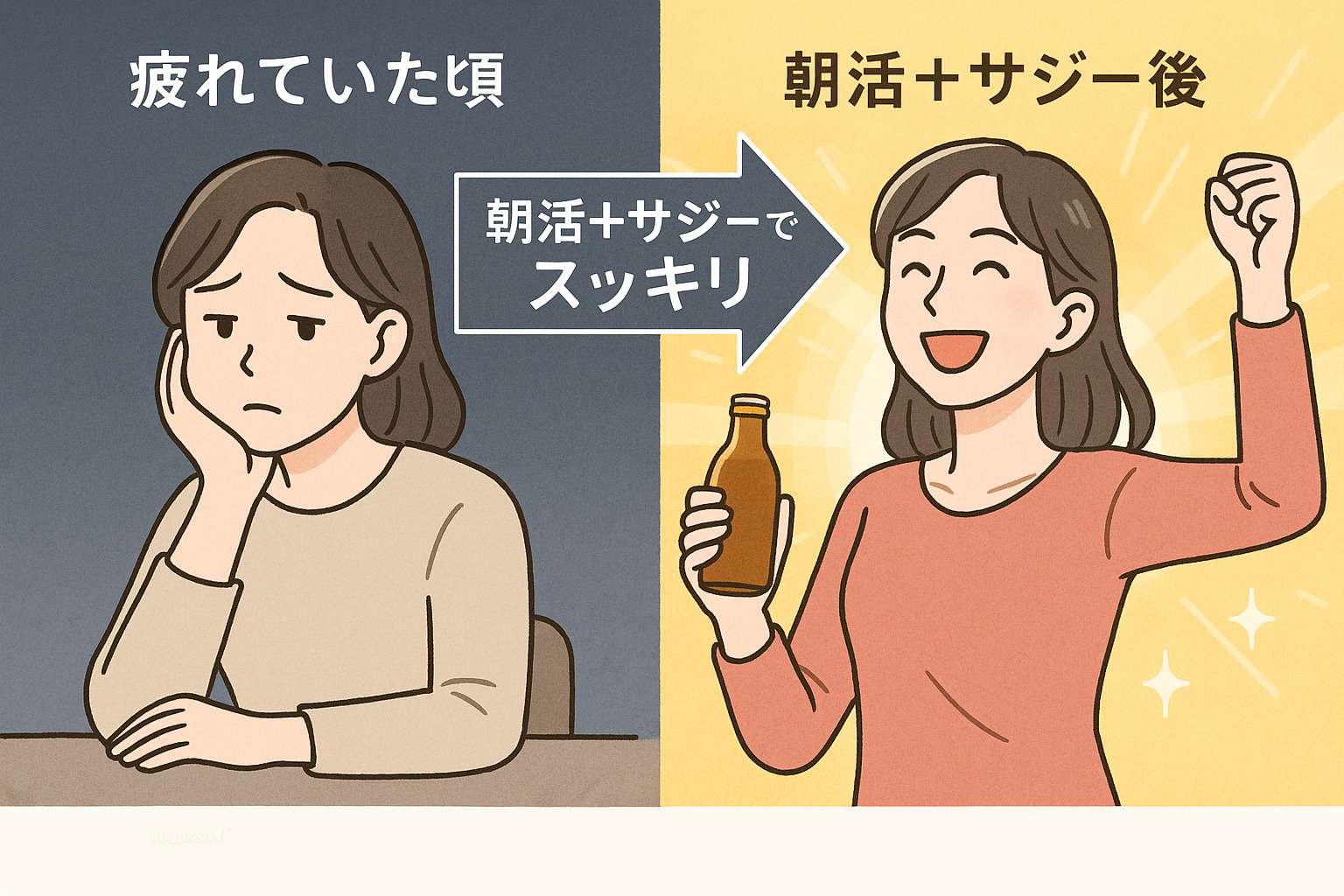 疲れていた頃→朝活＋サジー後のビフォーアフター