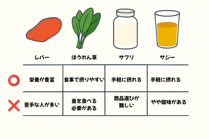 レバー・ほうれん草・サプリ・サジーを比較するための表