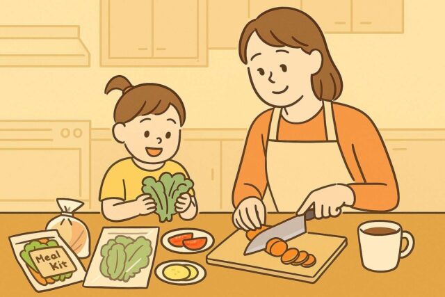 ミールキットで簡単に夕食を作る親子