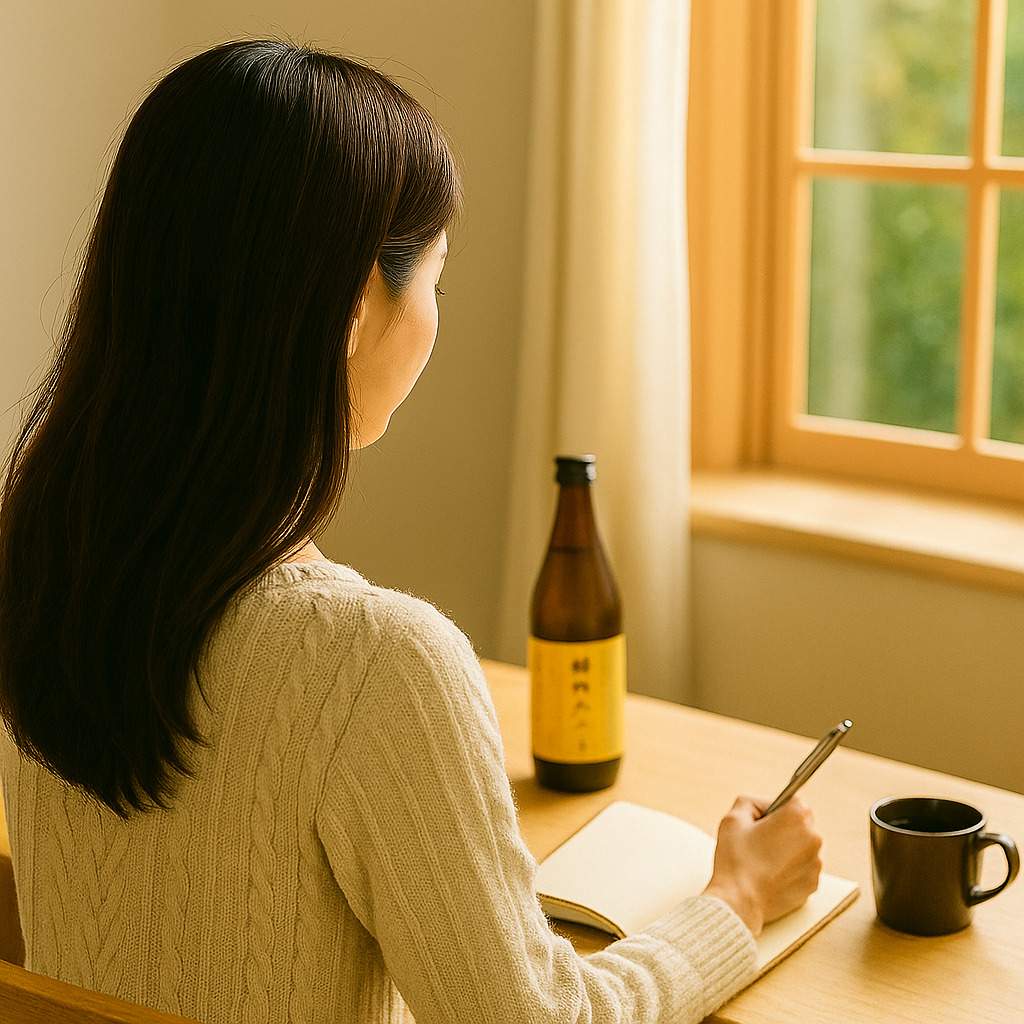 朝の光を浴びながら、静かに手帳を書く女性の後ろ姿