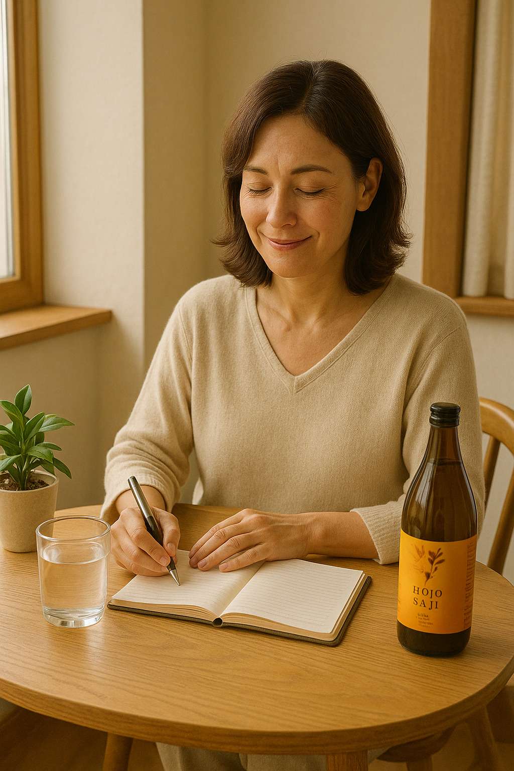 朝活の様子：カフェ風テーブルで手帳と白湯