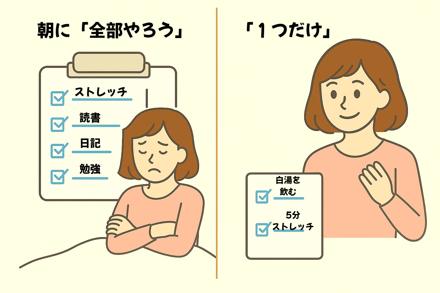 朝のタスクを詰め込んだ女性と、1つに絞って笑顔の女性の比較