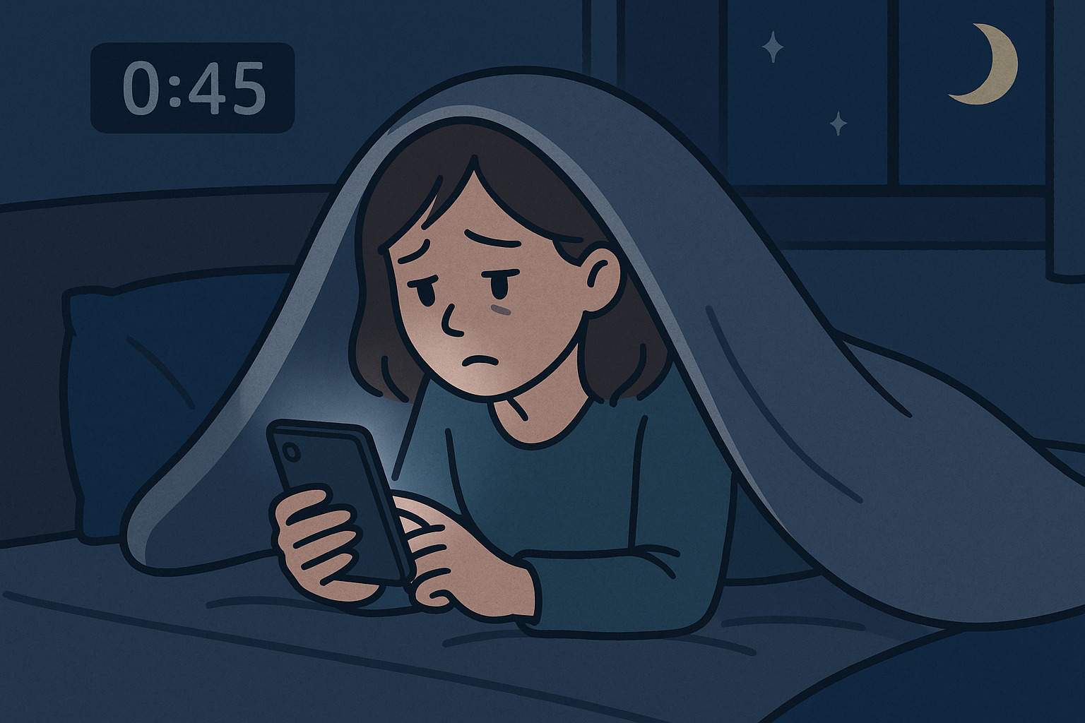 布団の中でスマホを見ている女性。夜ふかしの様子。