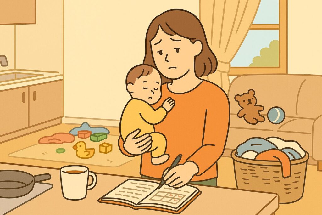 育児と家事に追われて気持ちが沈むママのイラスト