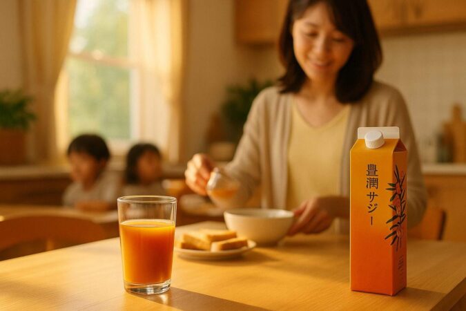 朝の時間にコップに注がれた豊潤サジーの様子