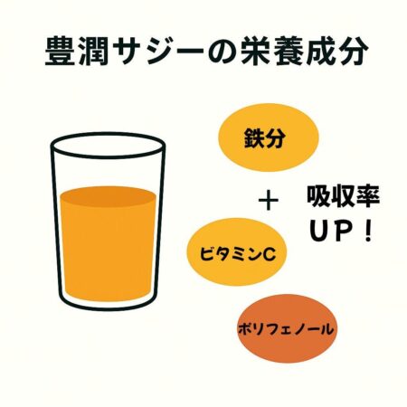豊潤サジーに含まれる主な栄養成分（鉄分・ビタミンC・ポリフェノール）を示す図