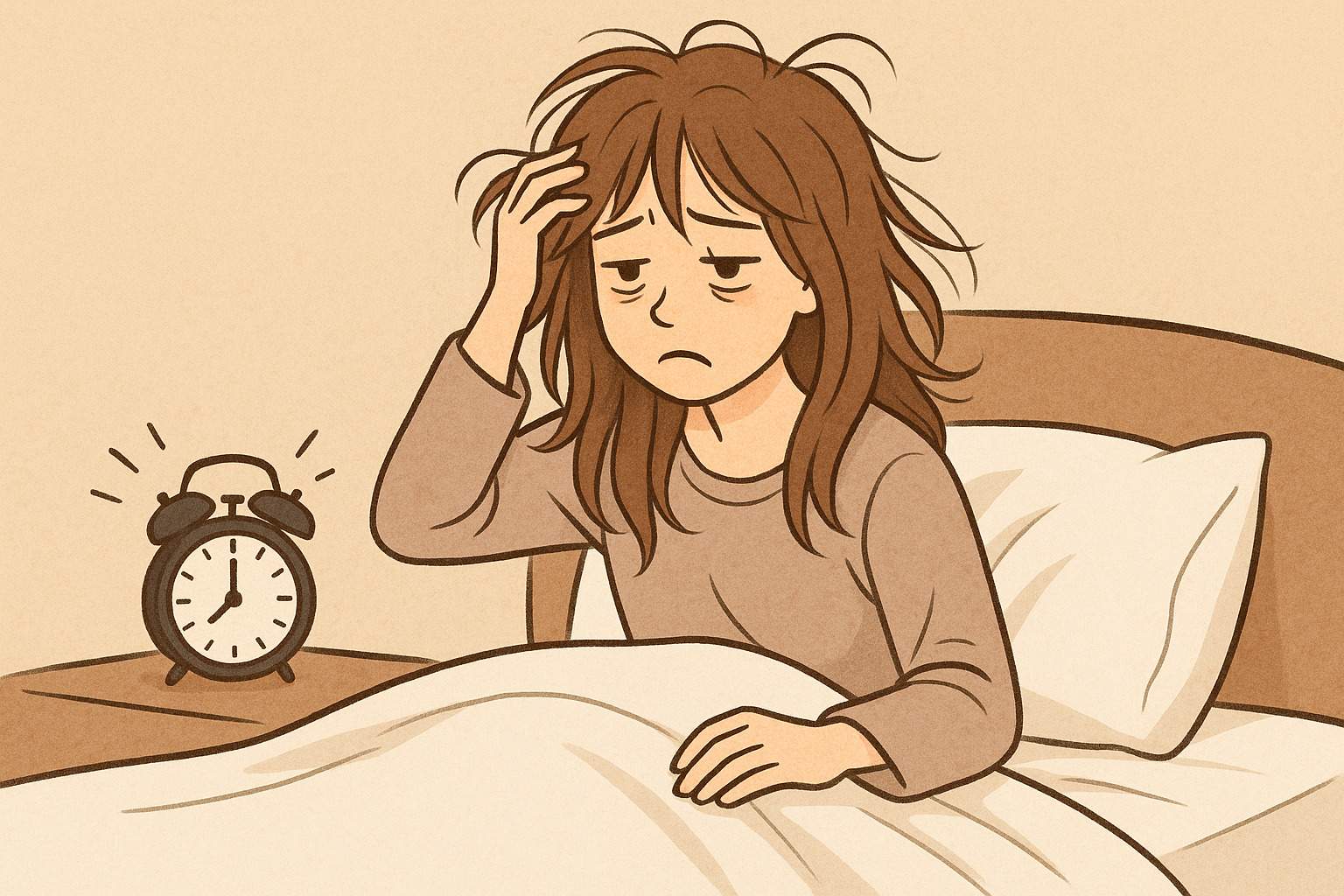 目覚まし時計の音で目覚めたが、疲れた様子の女性