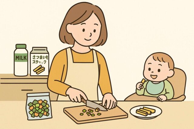 冷凍野菜を使って離乳食を作るママと、さつまいもスティックを手づかみで食べる赤ちゃんのイラスト