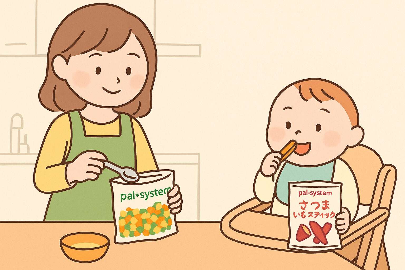 パルシステムの冷凍野菜やさつまいもスティックを使って離乳食を作るママと、食べる赤ちゃんのイラスト