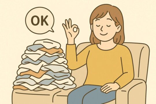 洗濯物の山の横でOKサインをするママ
