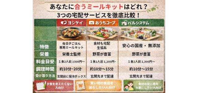 ヨシケイ・おうちコープ・パルシステムのミールキット宅配サービス比較表