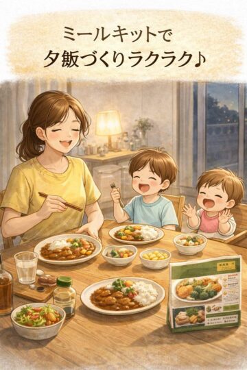 ミールキットで夕飯作りがラクになり笑顔で食卓を囲む親子のイラスト