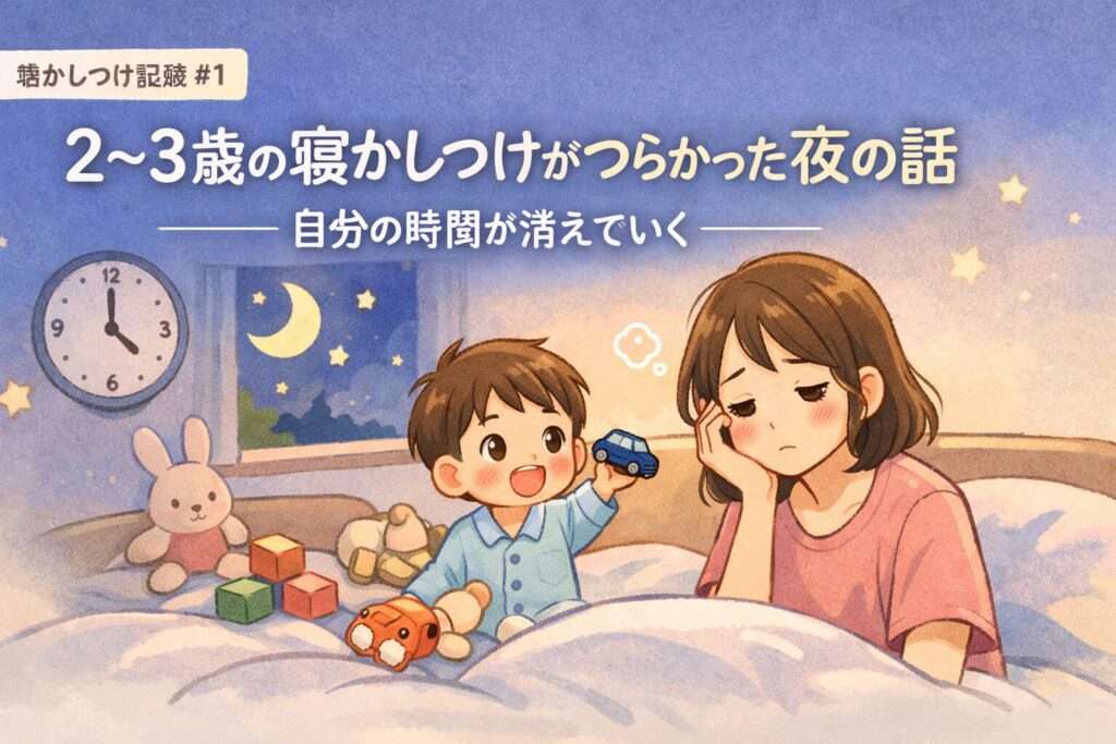 2〜3歳の寝かしつけがつらかった夜、布団で遊ぶ子どもと疲れたママのイメージ