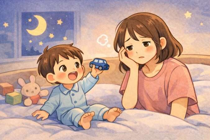 寝室で遊んでしまい寝ない2〜3歳の子どもと、見守るママの様子