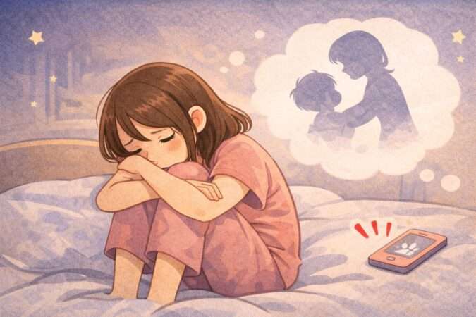 寝かしつけが長引いて心がすり減る深夜、疲れ切ったママのイメージ