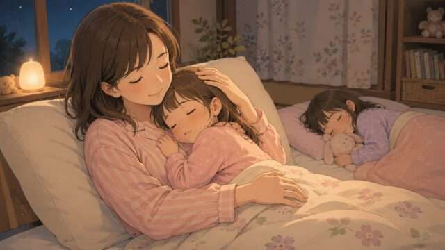 抱っこ寝で眠る子どもと疲れたママのイメージ
