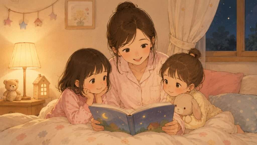 布団で絵本を読む寝る前ルーティンの親子イメージ