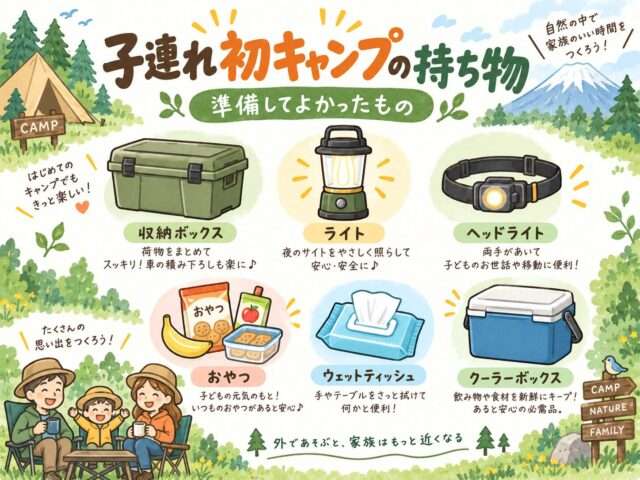 子連れ初キャンプで準備してよかった持ち物をまとめたイラスト