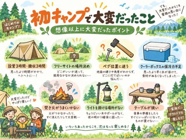 初キャンプで大変だった設営や場所決め、焚き火、ライト不足をまとめたイラスト