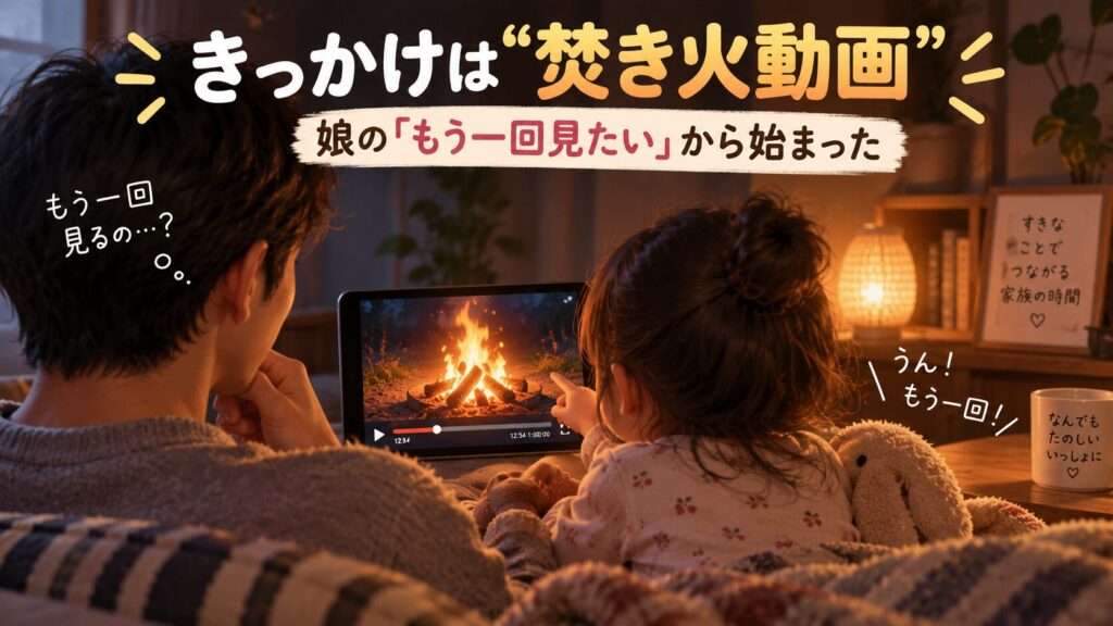 娘の「もう一回見たい」をきっかけに、親子で焚き火動画を見る様子
